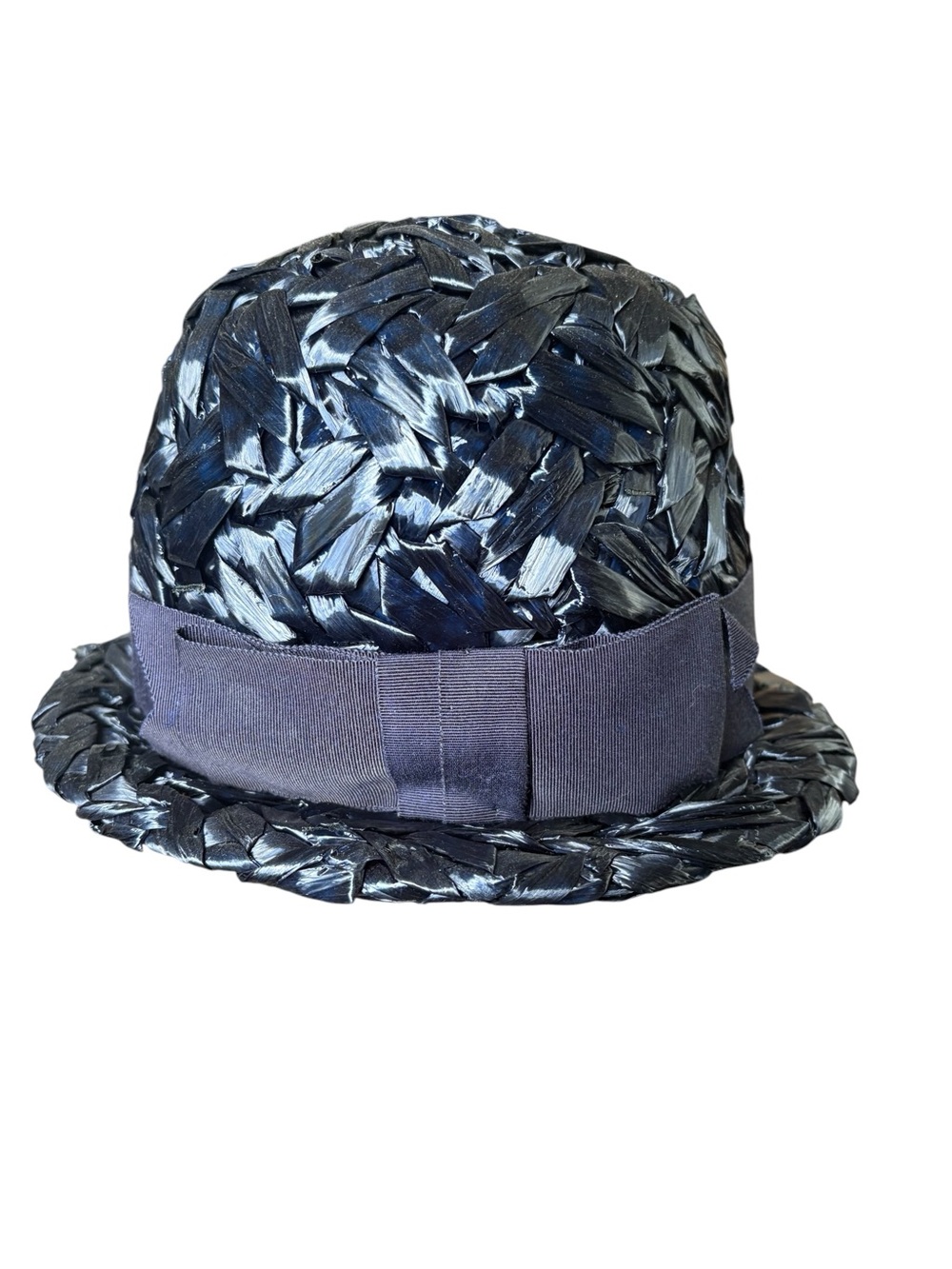 1960’s Blue MOD Glossy Woven straw Cloche/ Bucket Hat- Women’s